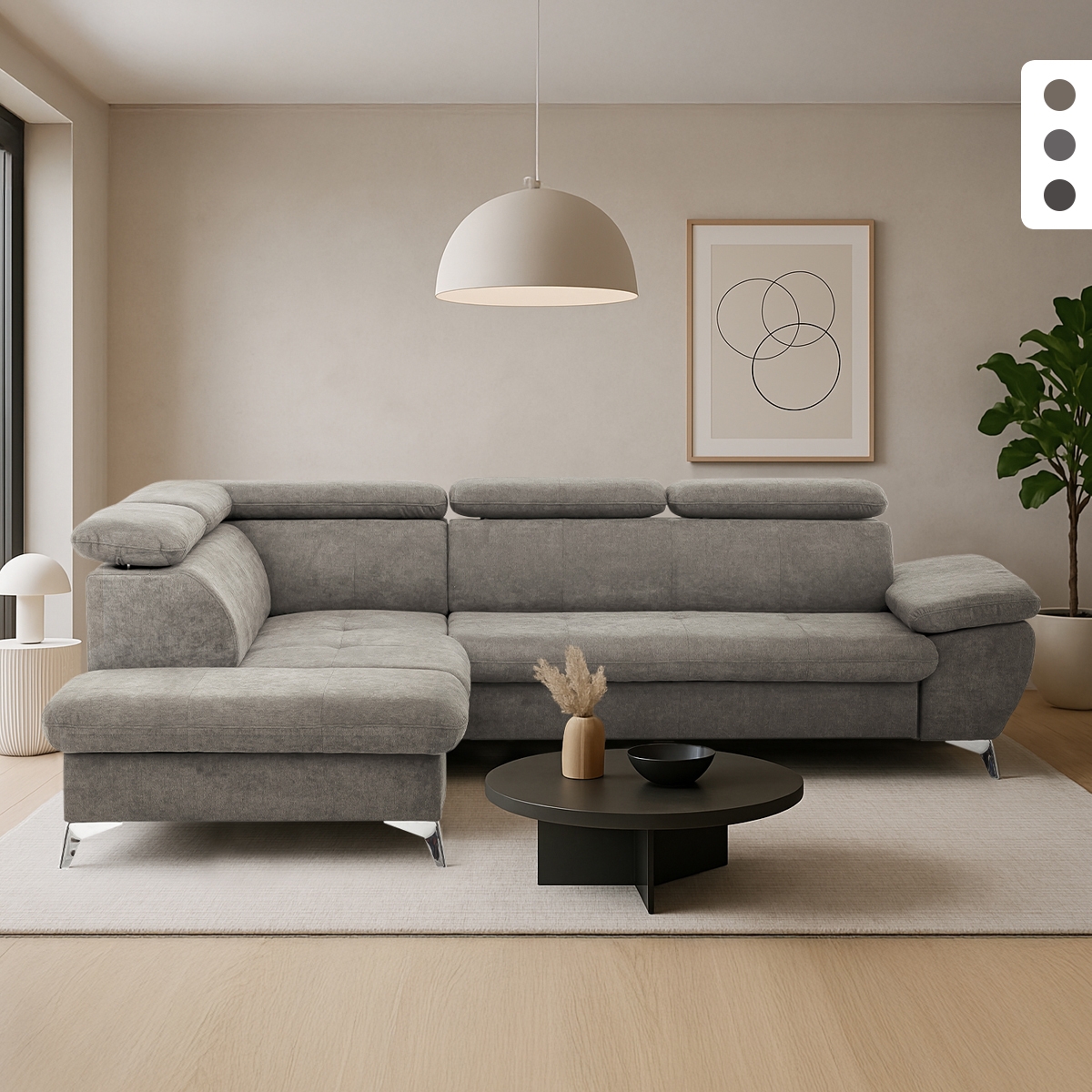 Ecksofa mit Bettfunktion 3-Sitzer, modern, linke Ottomane mit Stauraum, Vera