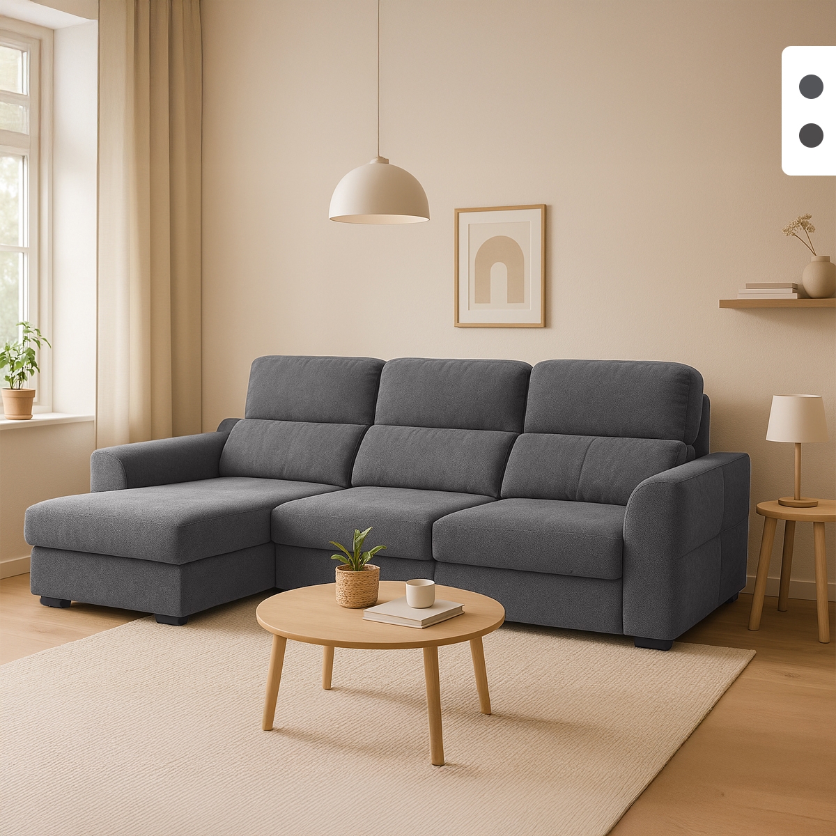 Verlängerbares Relaxsofa mit linksseitiger Ottomane und Stauraum aus Chenille, 3-Sitzer Sira