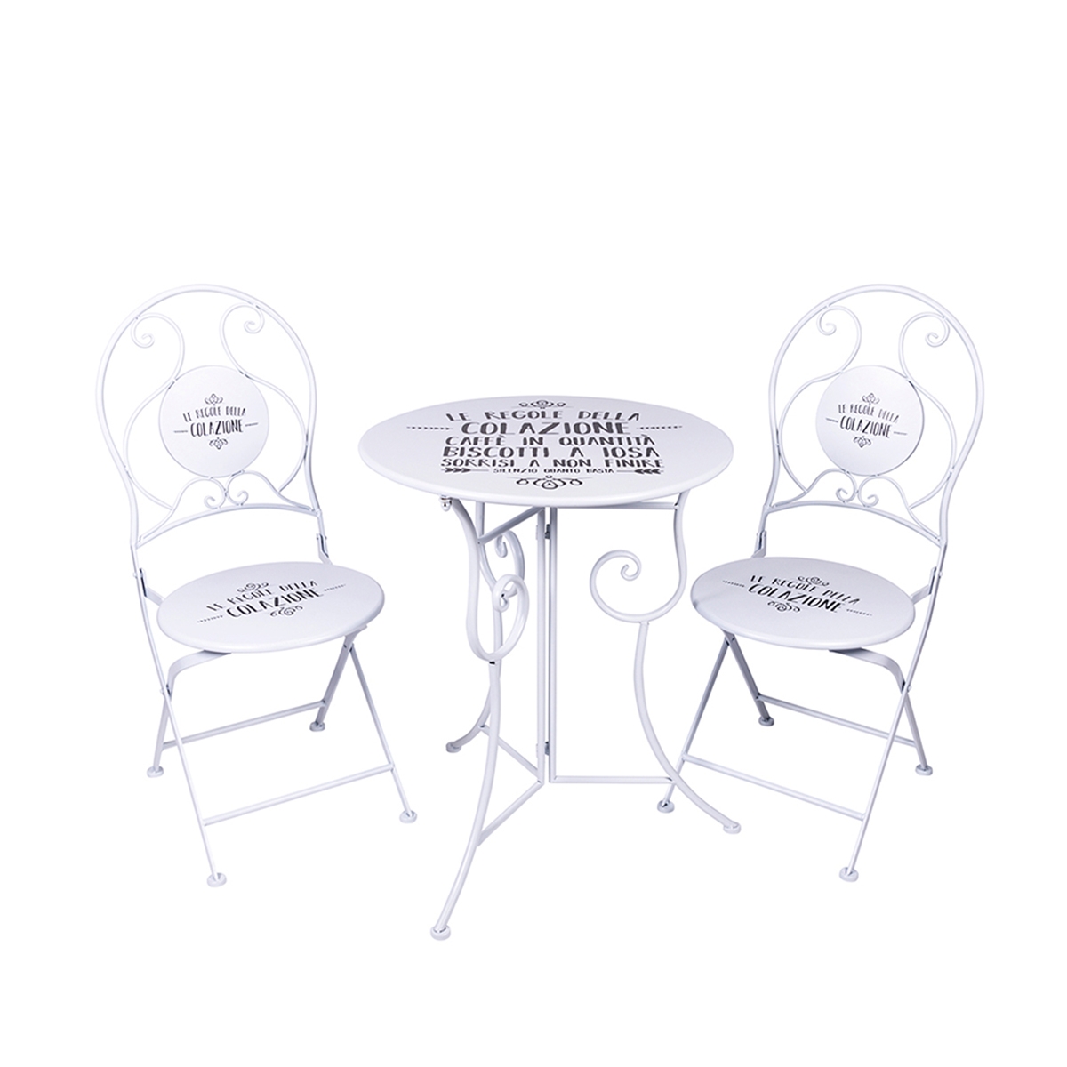 Weißes Tischset mit 2 klappbaren Outdoor-Stühlen Le Regole della Colazione