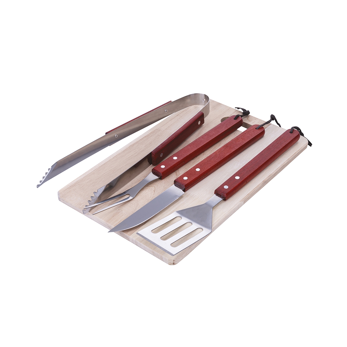 Set mit 4 Grillwerkzeugen aus Edelstahl und Holzschneidebrett Pyros