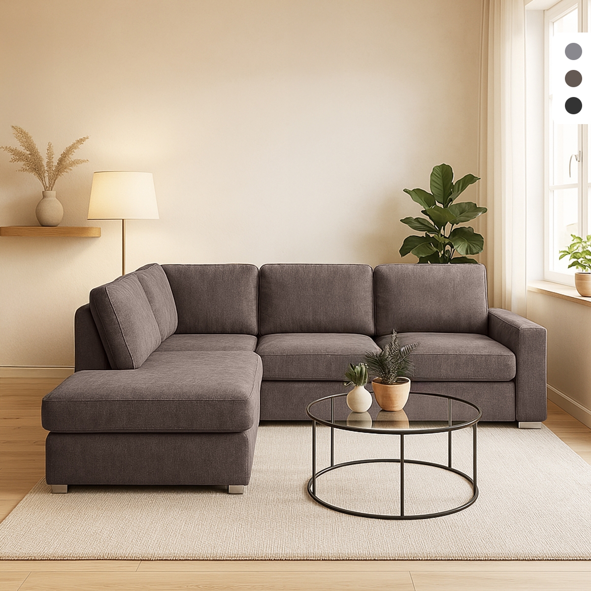 Moderner 3-Sitzer-Sofa mit linker Ottomane aus Chenille-Stoff Kuvia