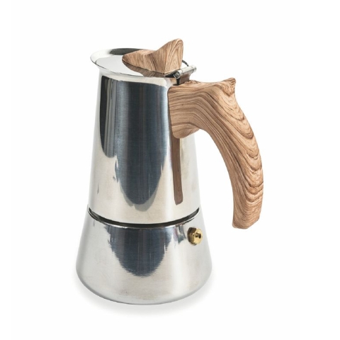 Moka Espressokocher 2 Tassen Edelstahl Holzoptik-Griff Riko Aktion
