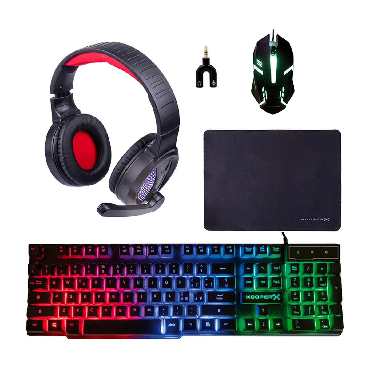 Gamer-Combo 5 in 1: Tastatur, Kopfhörer, Maus, Mauspad und Adapter Milao