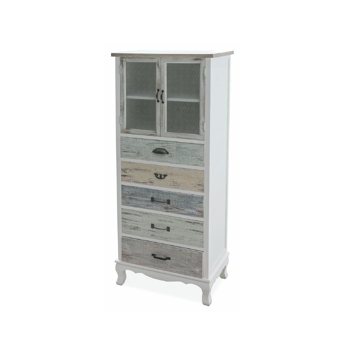 Shabby Chic Vitrine Valencia mit 2 Glastüren und 5 Schubladen