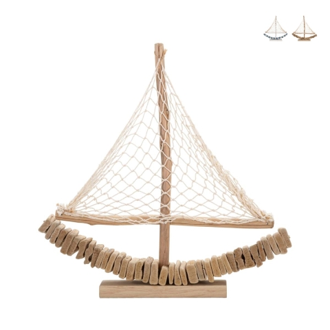 Segelboot-Skulptur aus Holz mit Stoffnetz 45x45x7cm Enok Aktion