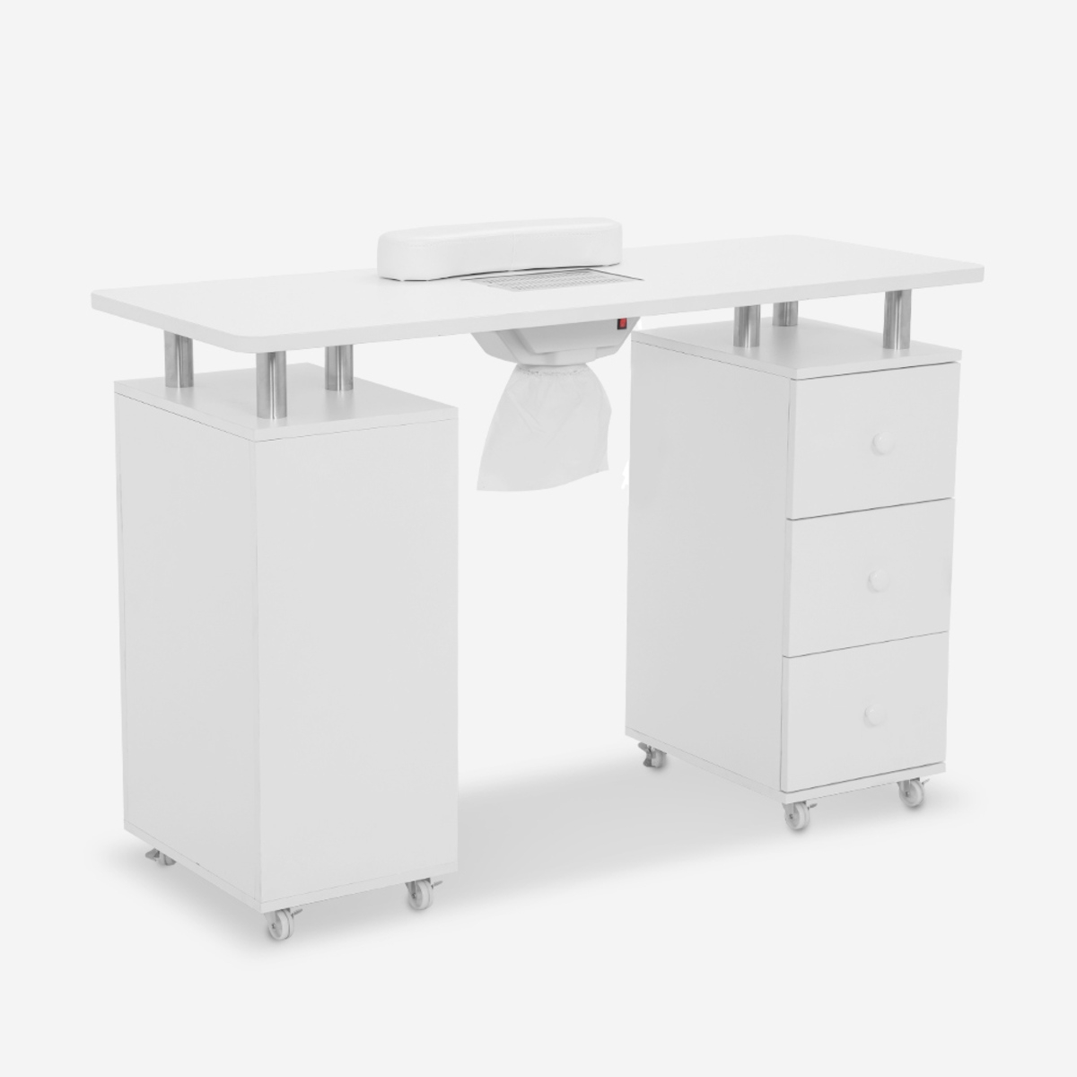 Kosmetikerin Manikürtisch mit Absaugvorrichtung Räder 3 Schubladen weiß Mango