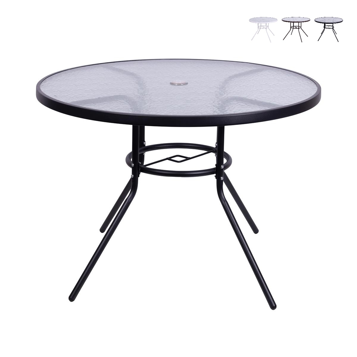Runder Gartentisch 100 cm aus Karbonstahl und weißem Glas Lorea