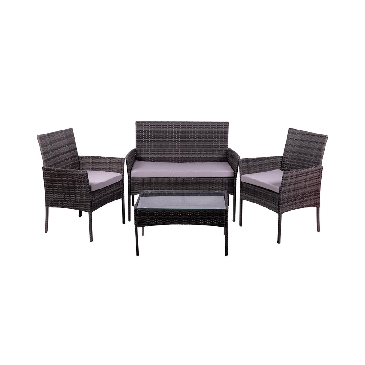 Rattan-Gartenlounge Set Rodi: 2-Sitzer Sofa, 2 Sessel, Tisch mit Glasplatte