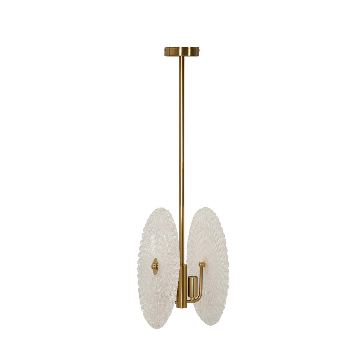 Goldener Metall-Kronleuchter mit dekorierten Glasschirmene