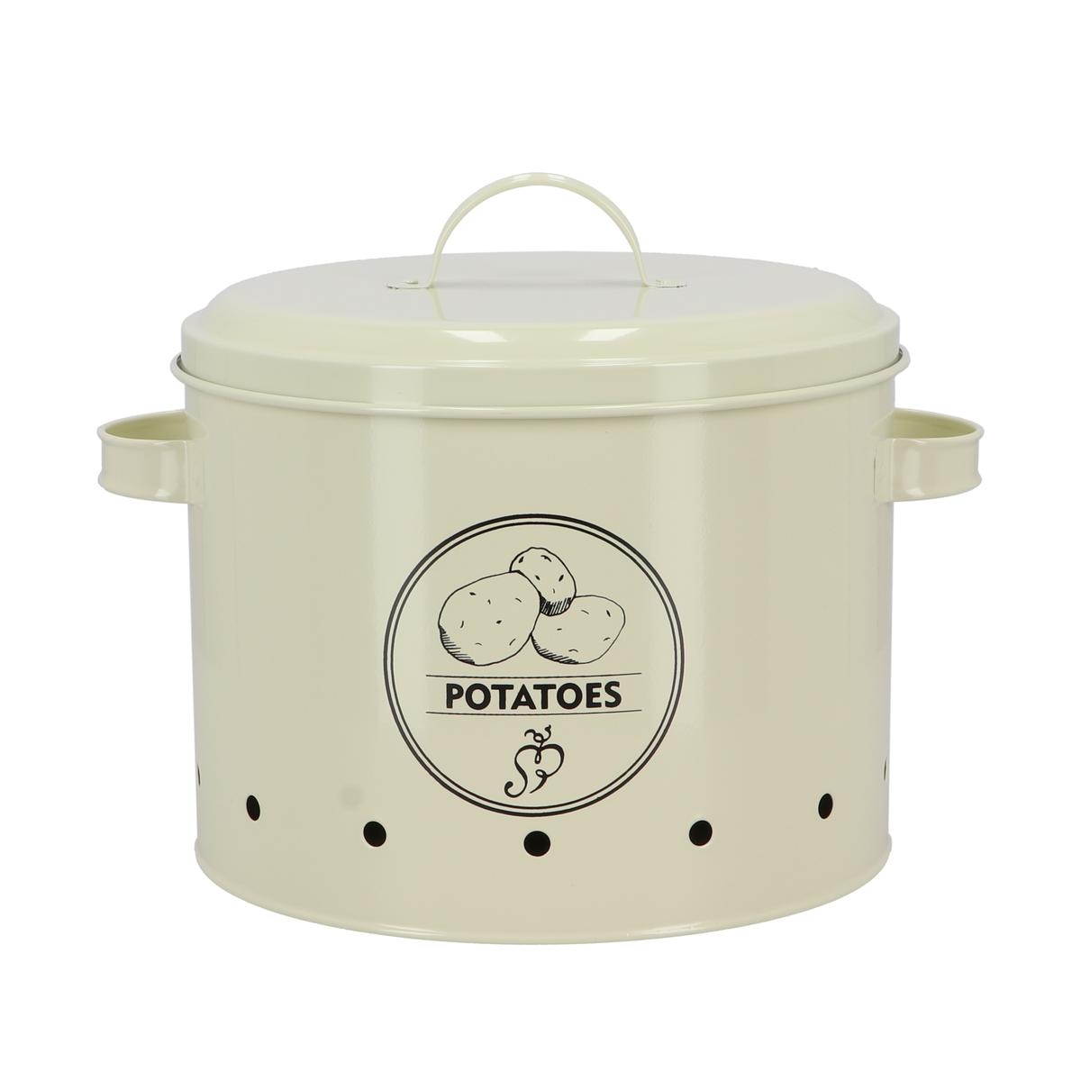 Küchendose für Kartoffeln aus Blech mit Löchern, Print und Deckel Aktion Küchendose für Kartoffeln aus Blech mit Löchern, Print und Deckel Aktion