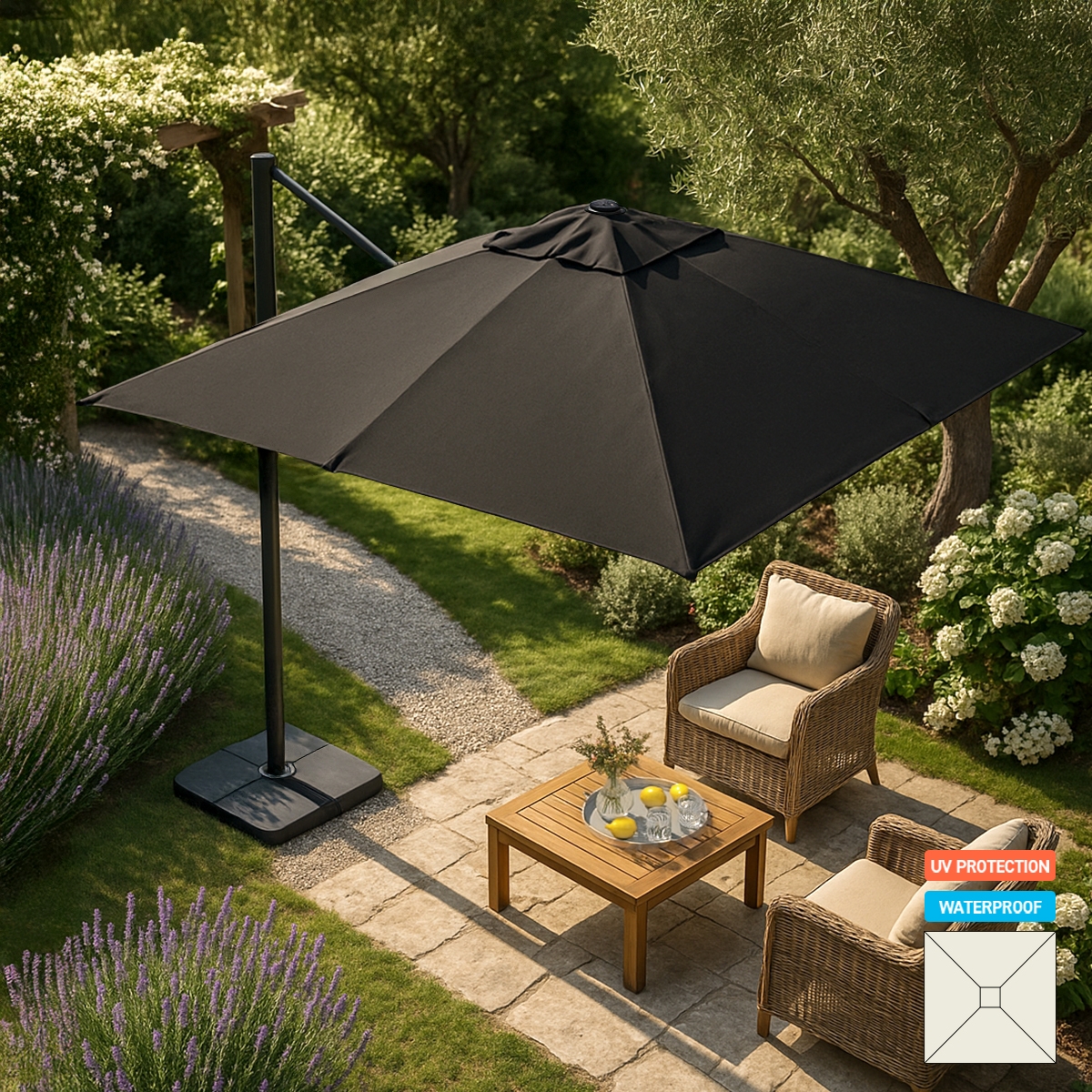 Gartenschirm mit verstellbarem Arm aus Aluminium mit dezentraler Stange 3x3m Paradise Noir Aktion Gartenschirm mit verstellbarem Arm aus Aluminium mit dezentraler Stange 3x3m Paradise Noir Aktion
