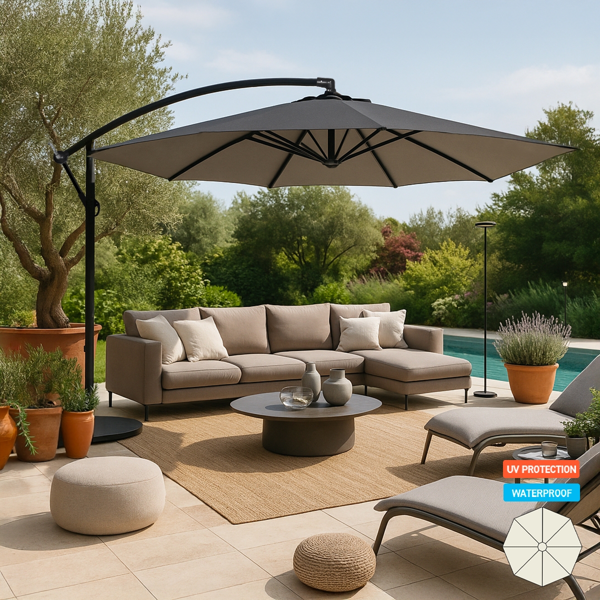 Gartenschirm 3 Meter exzentrisch Aluminium achteckig Bar Hotel Fan Noir Aktion