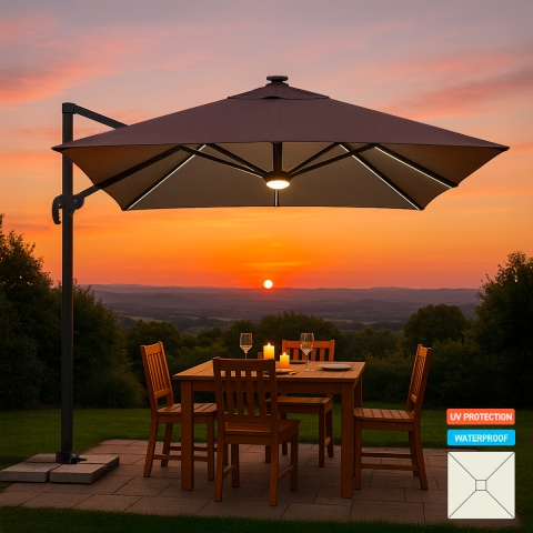 Sonnenschirm Ampelschirm verstellbarer Arm mit LED-Solarlicht 3x3m Paradise Brown Light Aktion
