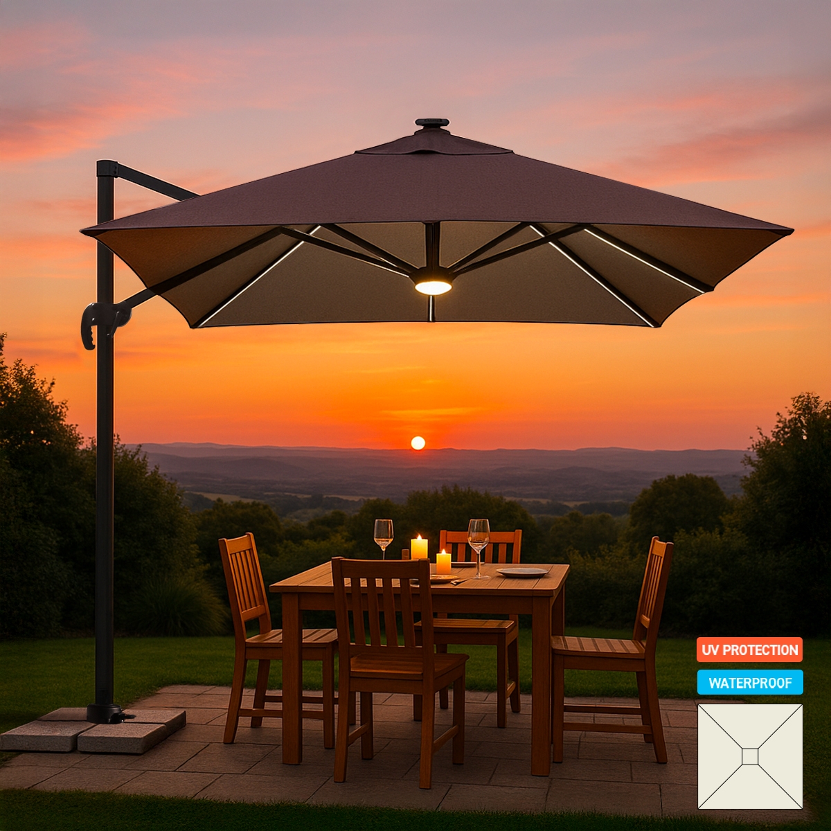 Sonnenschirm Ampelschirm verstellbarer Arm mit LED-Solarlicht 3x3m Paradise Brown Light Aktion Sonnenschirm Ampelschirm verstellbarer Arm mit LED-Solarlicht 3x3m Paradise Brown Light Aktion