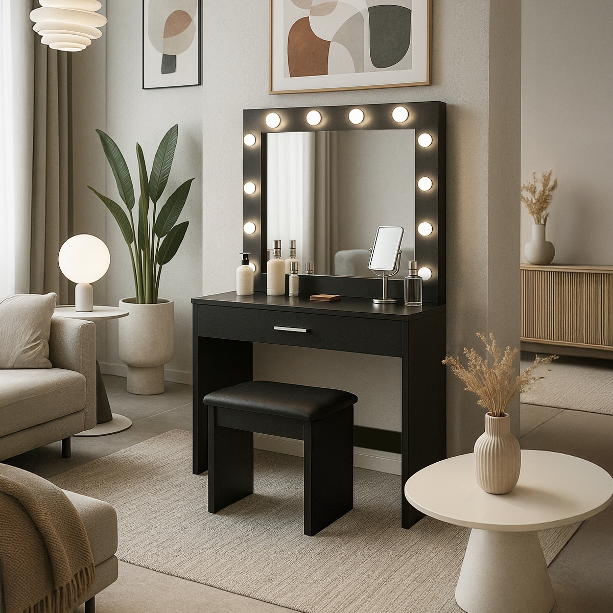 Schwarzer Schminktisch mit Spiegel mit LED-Lichtern und Hocker Gaia Black Aktion