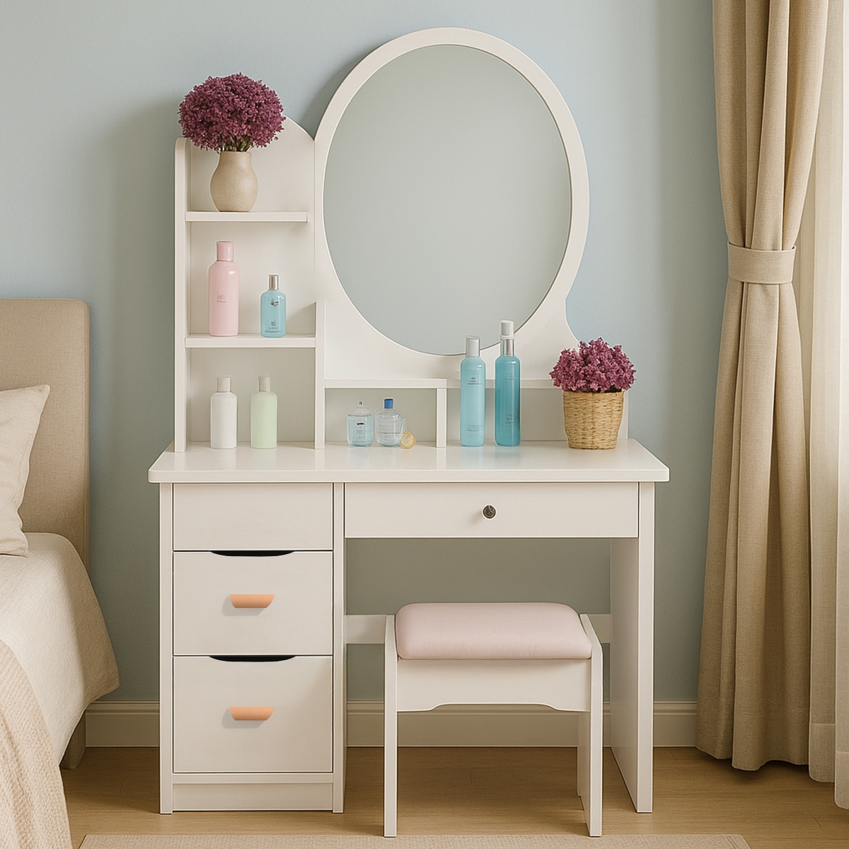 Schminktisch mit rundem Spiegel und Hocker für das Schlafzimmer Babette Aktion