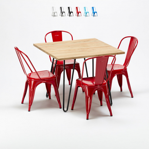 Quadratischer Tisch und Stühle aus Metall und Holz Industrielle Garnitur Im Tolix Stil Tribeca