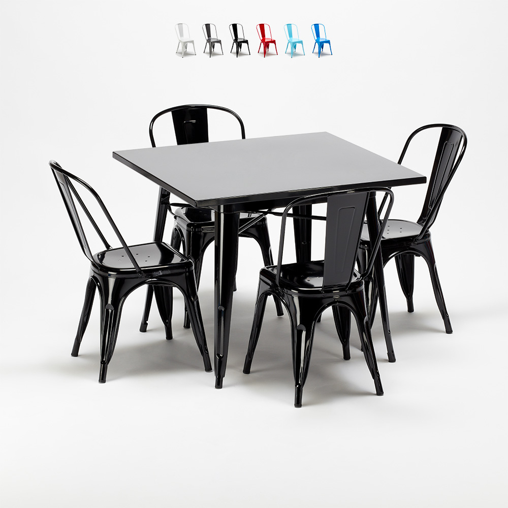 quadratischer tisch und stühle aus soho-set im-industriestil aus metall
