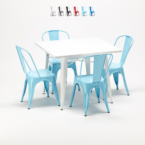 Set aus Metallstühlen im Tolix-Stil und quadratischem Tisch im Industriedesign Harlem Aktion