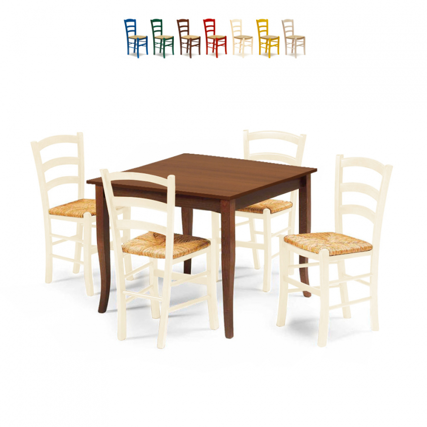 Set 4 Stühle und Tisch Außenbereich Küche und Bar quadratisch 80x80 Holz Rusty