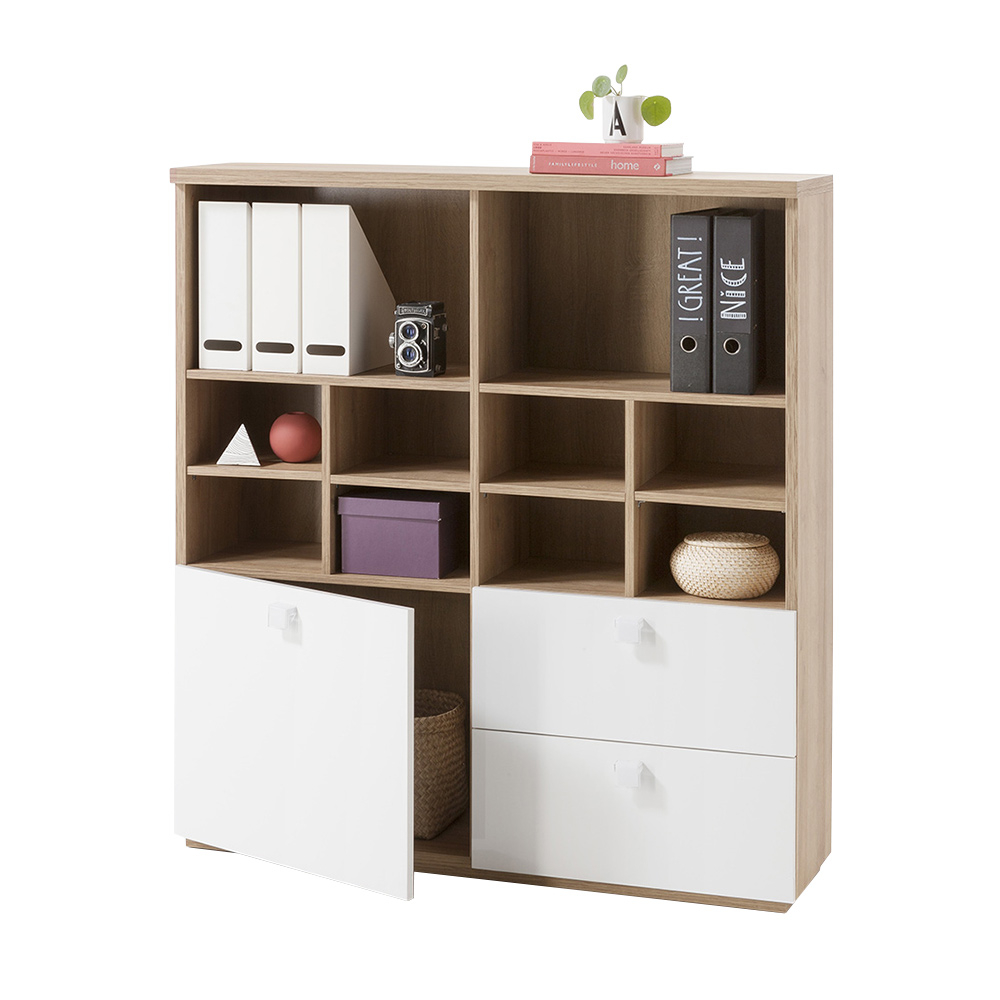 Modernes Bücherregal In Holz Und Weiß Lackiert Mit Offenen Fächern Und Schiebeschubladen Für Wohnzimmer Und Büro Aurora