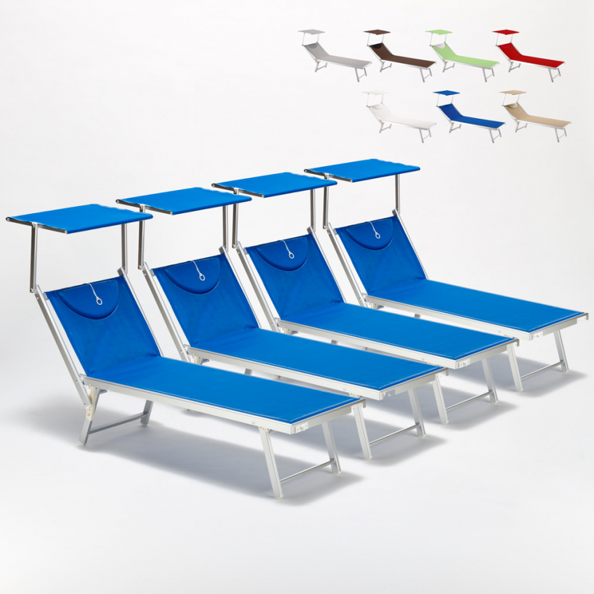 4er Set professionelle Strandliegen aus Aluminium mit Dach Santorini 