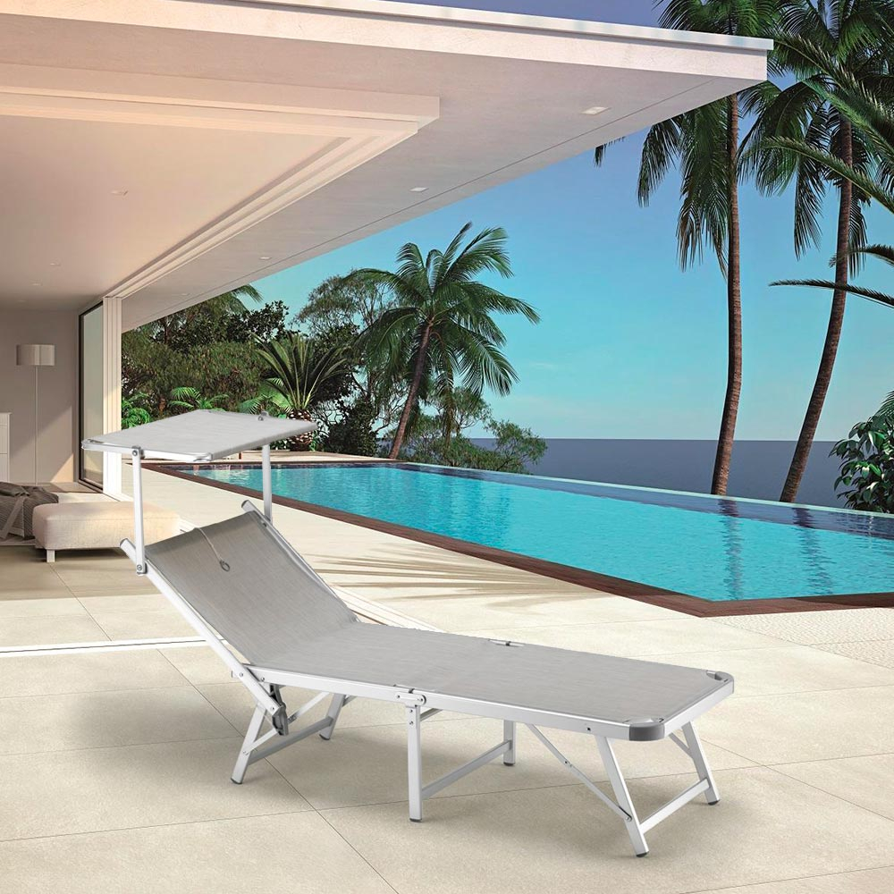 Sonnenliege aus Aluminium Klappbar mit Sonnenschutz für Strand Meer