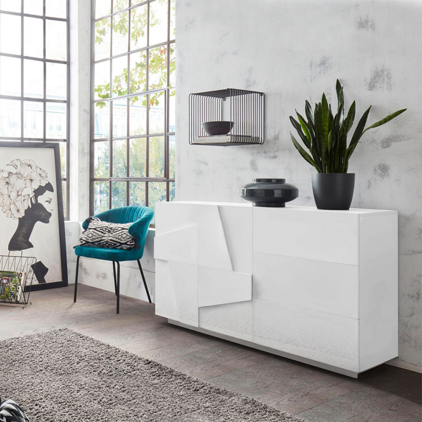 Sideboard Anrichte Kommode 2 Türen 3 Schubladen Schiebetüren Modern Weiß Ping Side M
                        