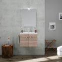 Badezimmerschrank Hängesockel 2 Türen Keramik Waschbecken Handtuchhalter Spiegel LED-Lampe Vanern Oak