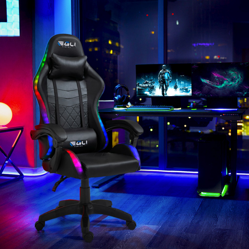 Stuhl Sessel Gaming LED RGB Ergonomisch Büro Kissen Lumbal Kopfstütze The Horde