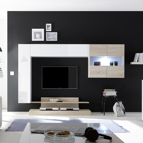 Modernes Wohnzimmer TV-Ständer Wand in glänzendem weißen Holz Nizza Aktion