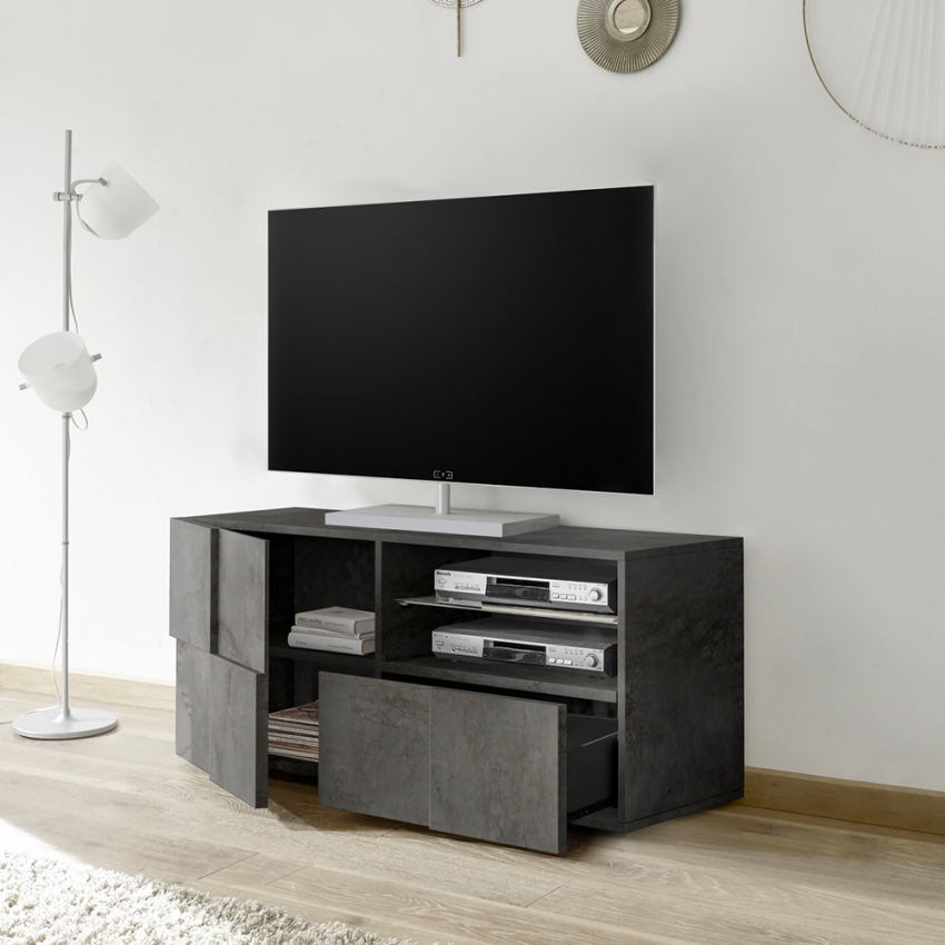 Moderner schwarzer TV-Ständer mit Fach, Tür und Schublade Petite Ox Dama Aktion