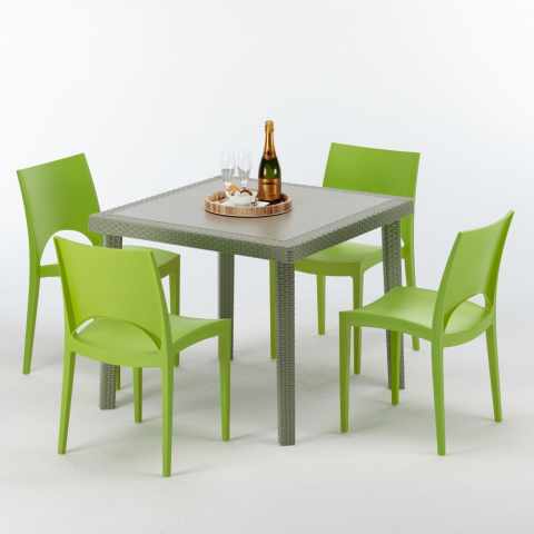 Polyrattan Tisch Quadratisch mit 4 Bunten Stühlen 90x90 Beige Elegance Maße