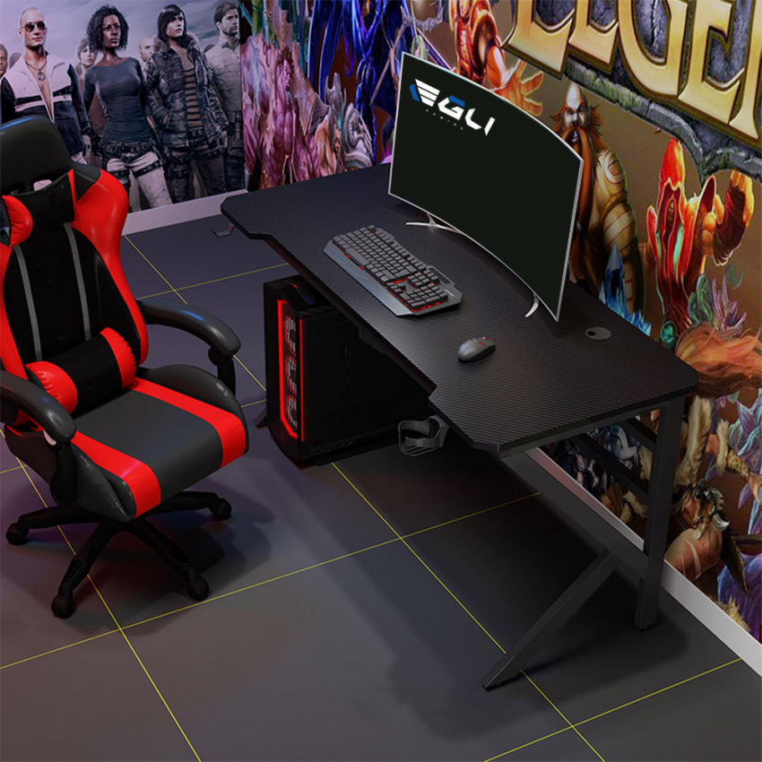 Schreibtisch gaming 160x60cm Kohlenstoff ergonomisch Kabel Kopfhörerhalter Getränke Sportbot 160