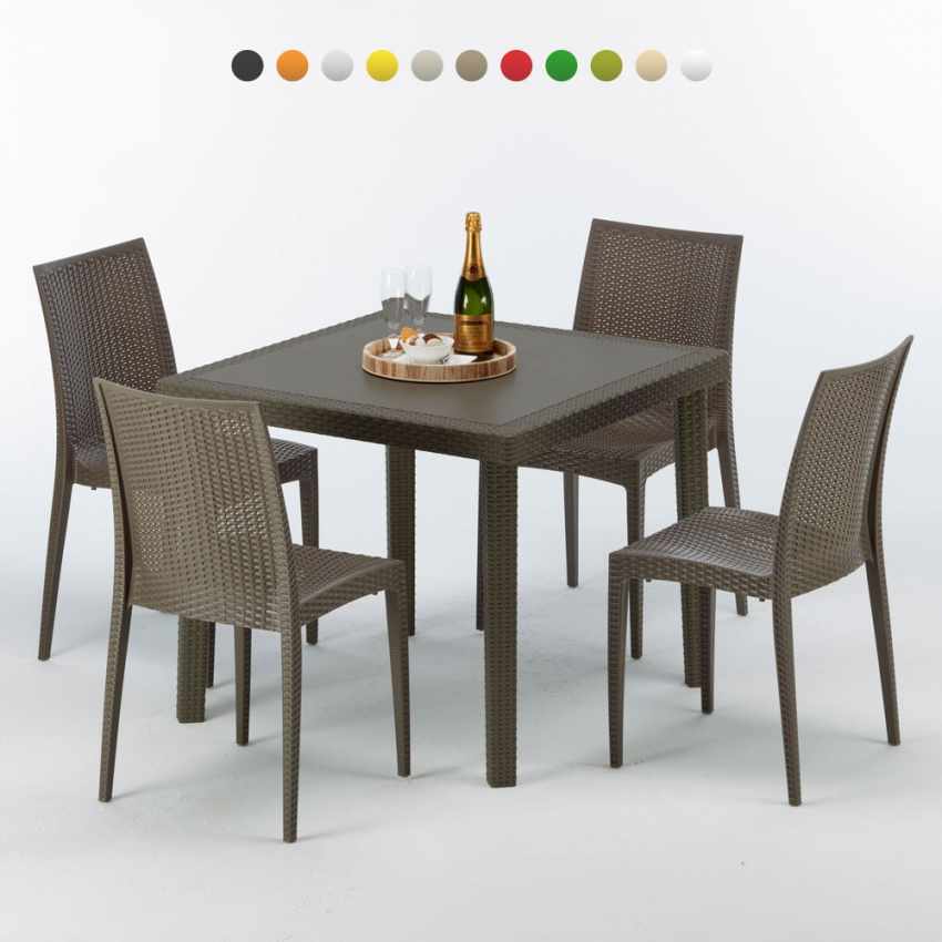 Poly Rattan Tisch Quadratisch mit 4 Bunten Stühlen 90x90 Braun Brown Passion