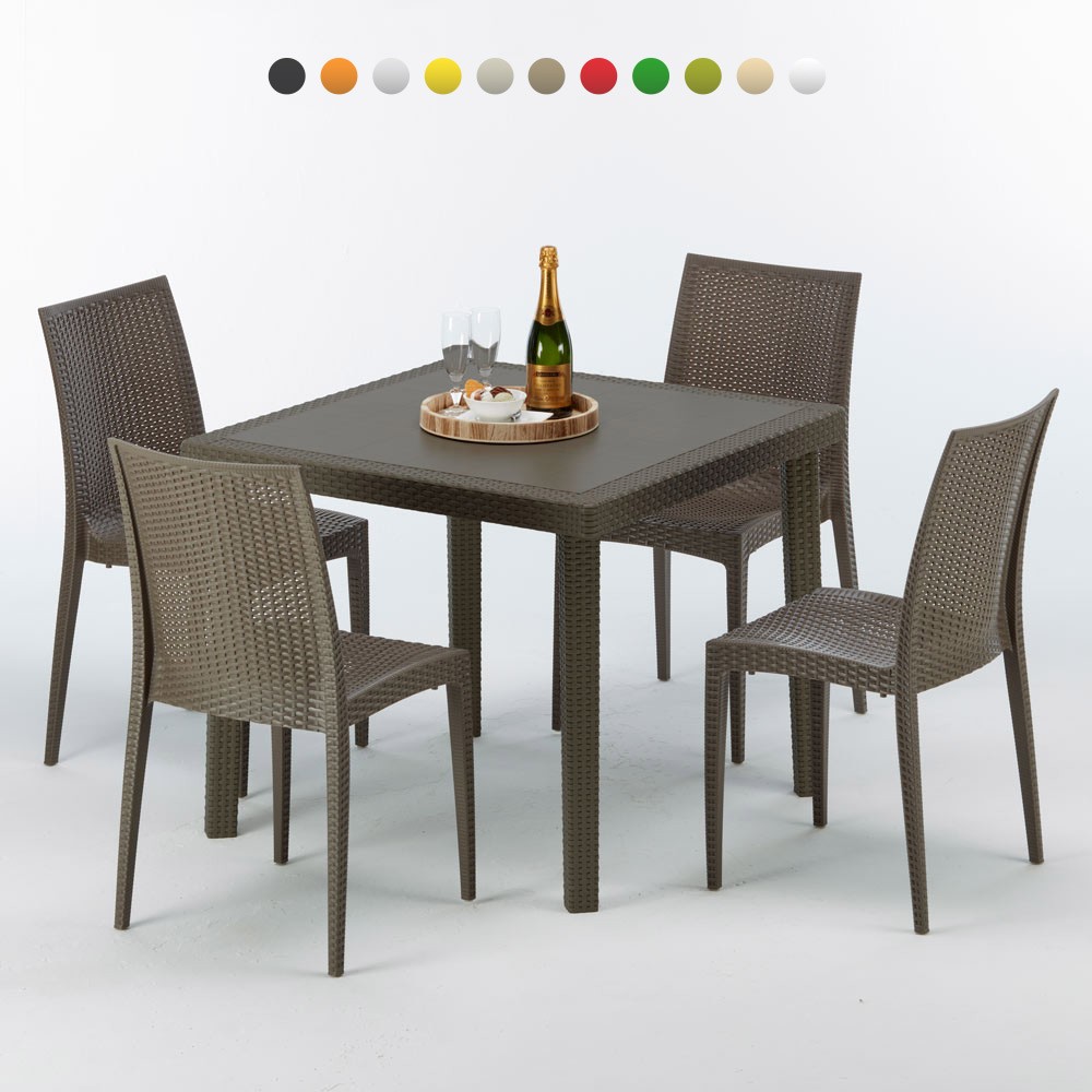 Poly Rattan Tisch Quadratisch Mit 4 Bunten Stühlen für Bars 90x90 Braun Brown Passion