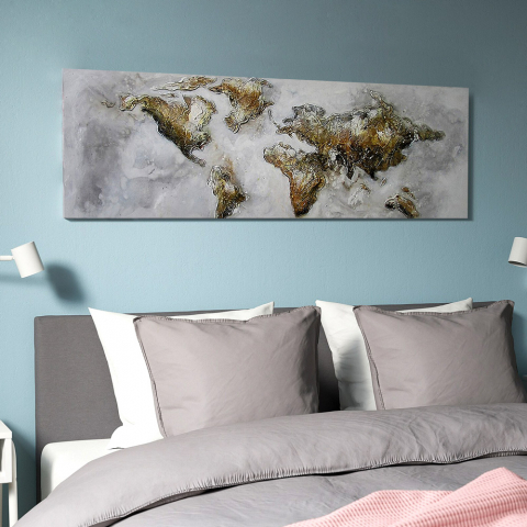 Weltkarte Wandbild handgemalt auf Leinwand 140x45cm Aktion