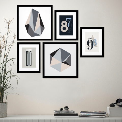 Set mit 5 minimalistischen Bildern, gerahmte B&W Collage-Drucke Aktion
