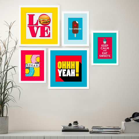 Set aus 5 Bildern im modernen Stil, gerahmte Pop Art Collage-Drucke Aktion