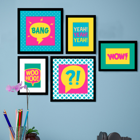 Set mit 5 Pop-Art-Bildern Collage-Drucke gerahmt Frame Color Full Aktion