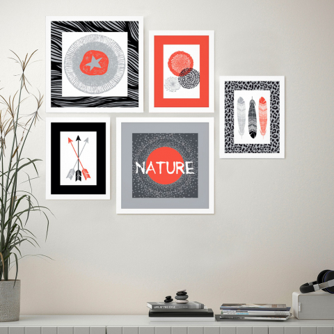 Set aus 5 exotischen Bildern mit Rahmen – Aboriginal Collage Drucke Aktion