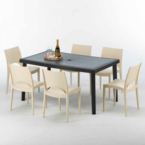 Poly Rattan Tisch Rechteckig mit 6 Bunten Polyrattan Stühlen 150x90 Schwarz