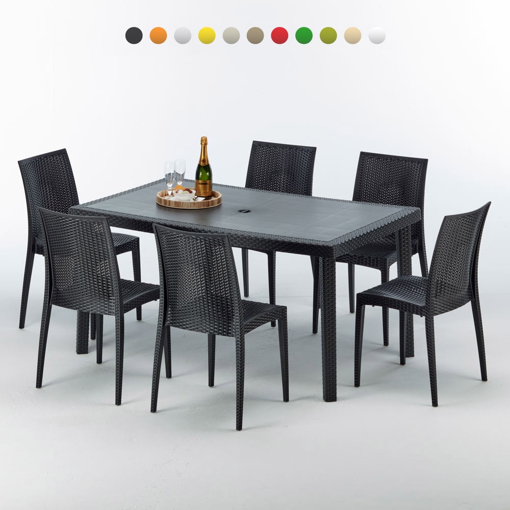 Poly Rattan Tisch Rechteckig Mit 6 Bunten Polyrattan Stühlen für Bars 150x90 Schwarz