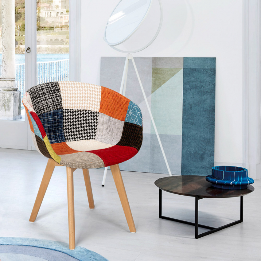 Patchwork Stuhl Nordisches Design Holz und Stoff Küche Bar Restaurant Pigeon