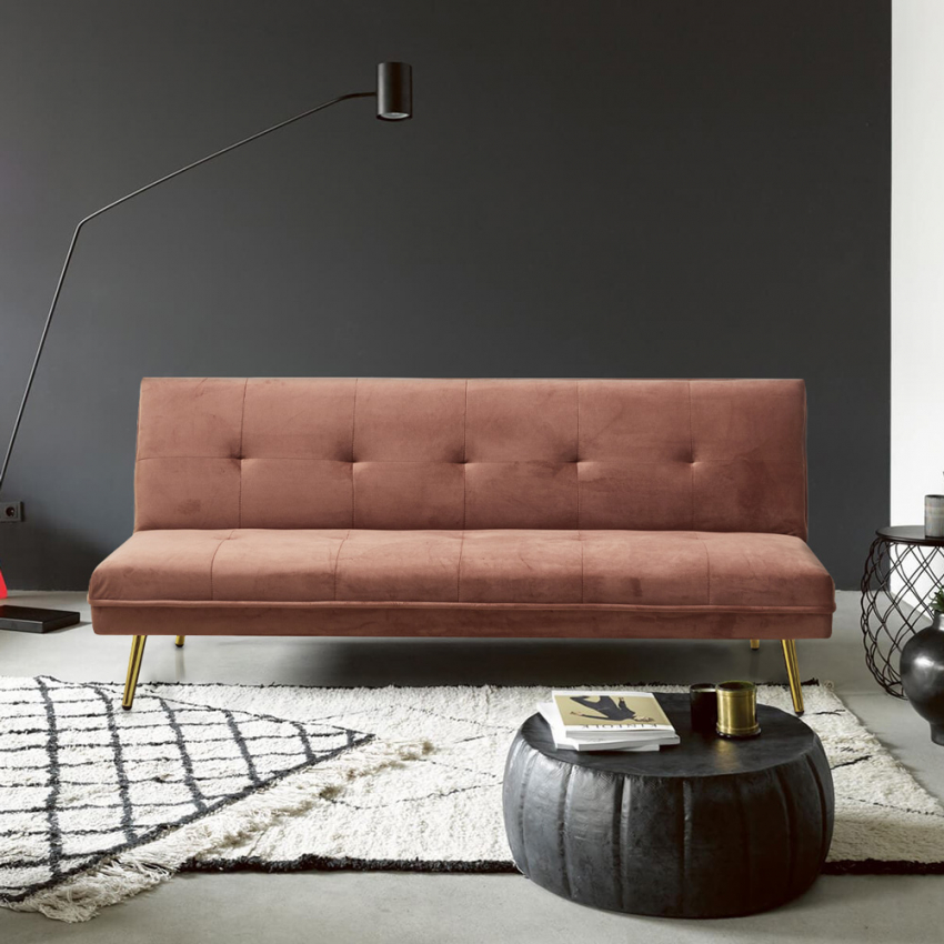  Padded: modernes 2-Sitzer-Schlafsofa aus Samt mit Klick-Klack-Design und goldenen Beinen 





