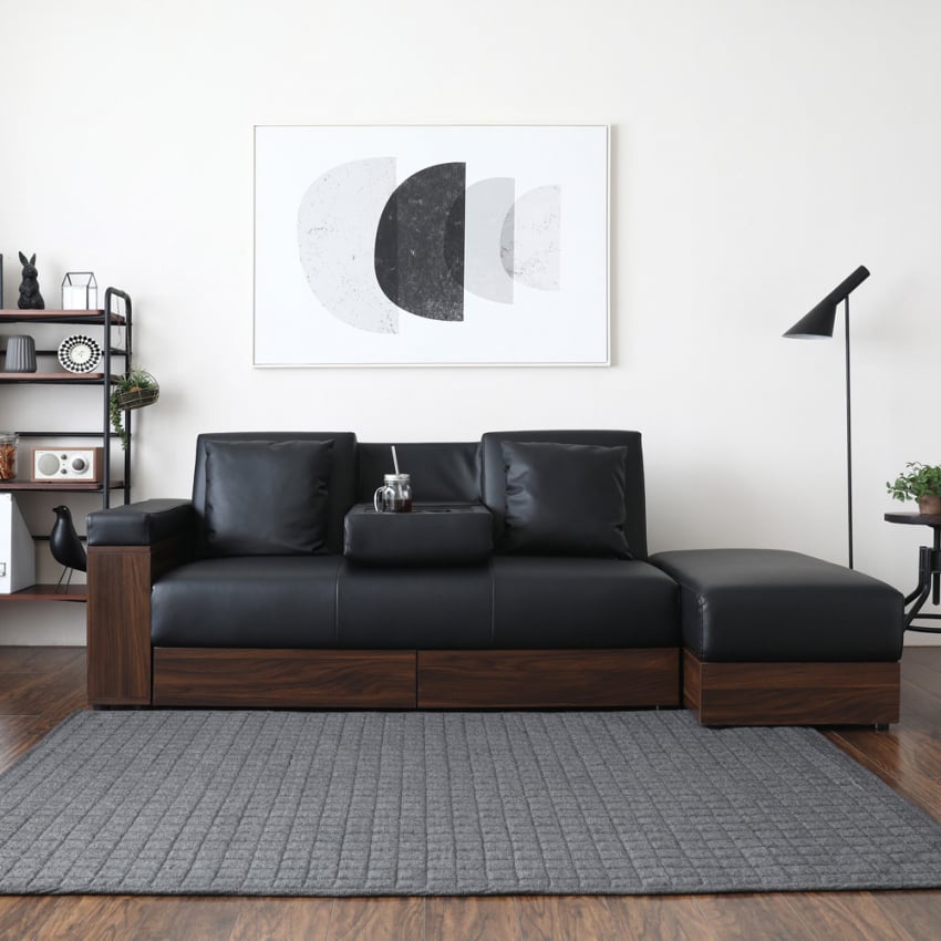 Schlafsofa 2 Sitzer Doppel Aus Kunstleder Stauraumhocker Getränkehalter Subadra Lux
