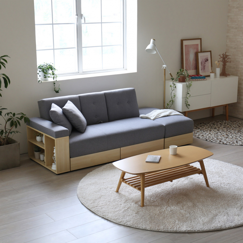 Doppelschlafcouch aus Stoff mit Behälter und Hocker für Getränke Subadra