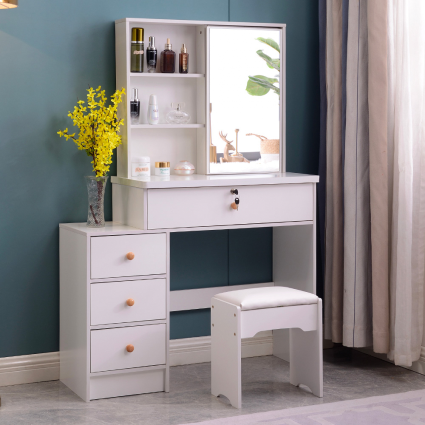 Schminktisch mit Schiebetür und Spiegel, Schlafzimmer, Hocker Abby