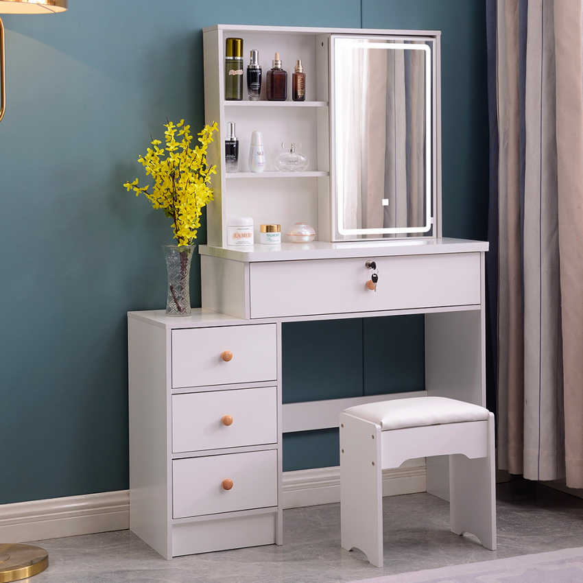 Schminkstation mit verschiebbarem Spiegel, LED-Licht, Hocker Andrina