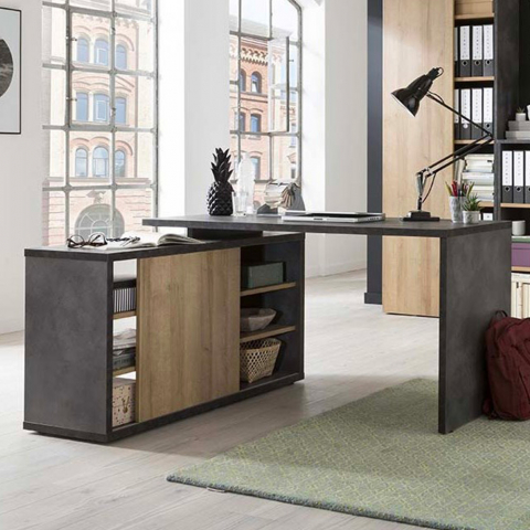 Schreibtisch Arbeitstisch Bürotisch Holz mit Ablagen Schiebetür Eichenholzfarbig Grau 150x120cm Core
